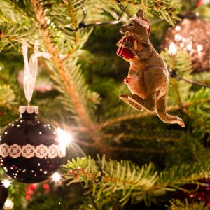 Kangaroo ornament hanging among others on Christmas tree