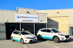 Fencemakers fencing and gate contractors' cars outside the Perth workshop