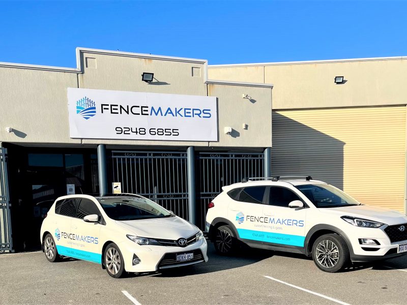 Fencemakers fencing and gate contractors' cars outside the Perth workshop