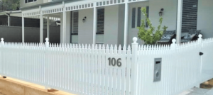 Heritage style white picket metal fence at a Perth home.