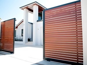 Red Cedar Wood Louvre Gate that adheres to WA gate and fence regulations